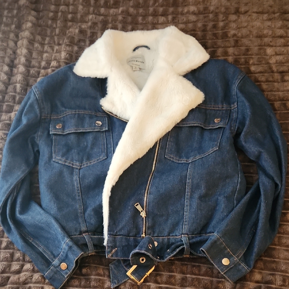 Denim Jacket with White Faux Fur Collar